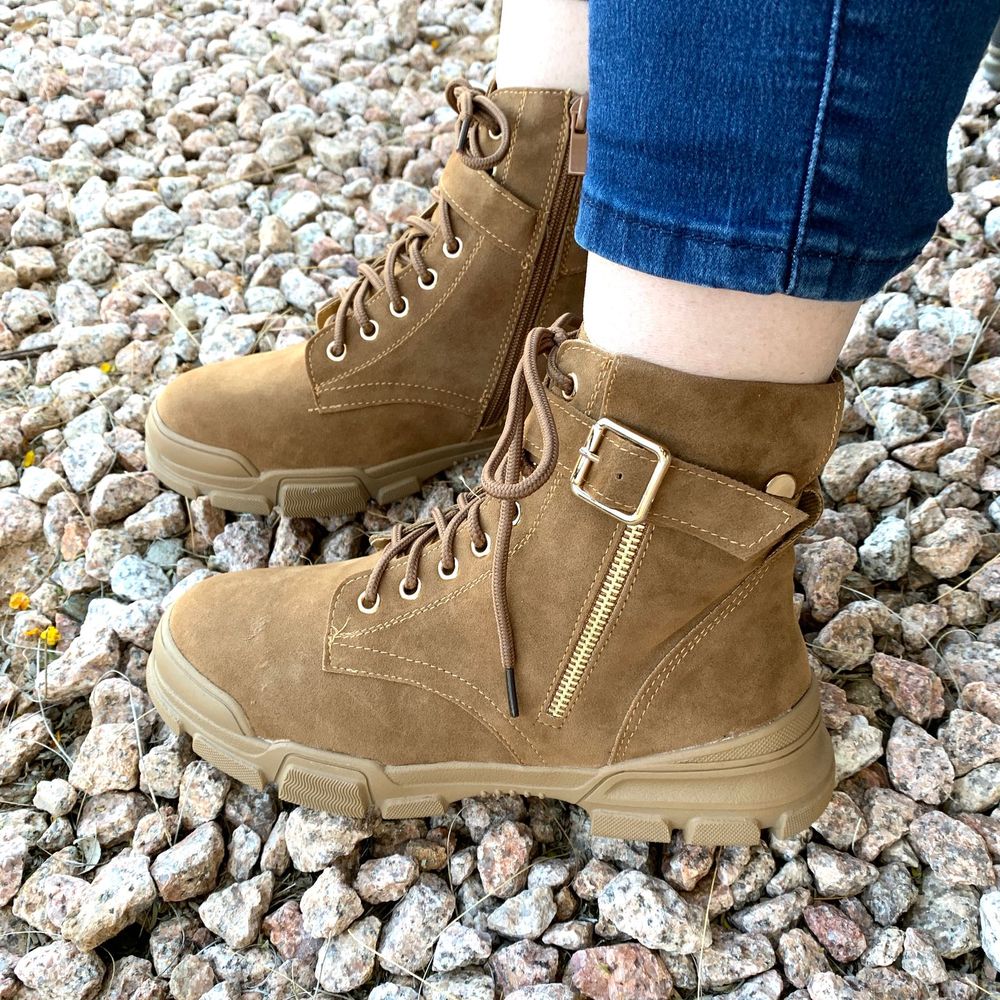 New Camel Brown Lace Zip Up Combat Moto Boots - Picture 2 of 7